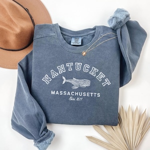 Sudadera con cuello redondo y estampado de ballena de Nantucket Est, camiseta de la isla de Nantucket, colores cómodos, sudadera extragrande de Nantucket, Massachusetts, Nantucket, Massachusetts