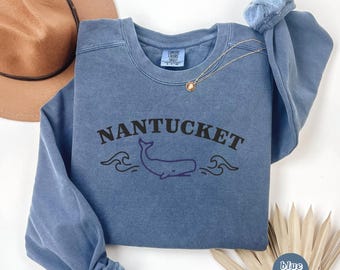 Sudadera de cuello redondo con bordado de ballena costera de Nantucket, suéter playero de colores cómodos, regalo de verano estilo Massachusetts Nueva Inglaterra