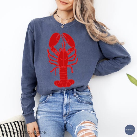 Lobster Print Long Sleeve T-Shirt, Casual Seafood Tee, Coastal Style Shirt, Gift for Lobster Lovers, Beach Outfit
