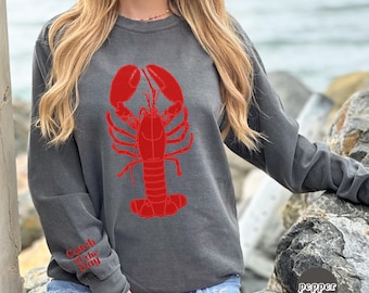 Catch of the Day Lobster Comfort Colors Crewneck Sweatshirt, Embroidered Text, Beach Sweater, Maine New England Style Preppy, Coastal Gift