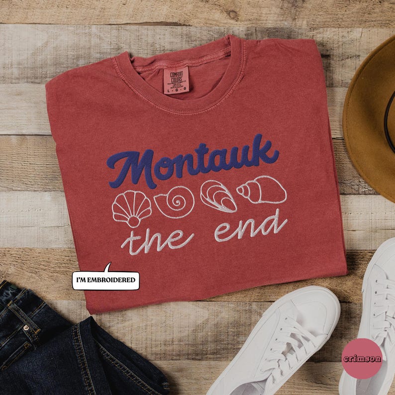Montauk Embroidered Seashell Tee, Coastal Unisex Comfort Colors Garment-Dyed Heavyweight T-shirt, Long Island Travel Gifts, New Yorker Beach image 1
