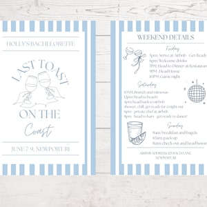 Puede incluir: Una invitación a una despedida de soltera a rayas azules y blancas. La invitación dice "Last Toast on the Coast" con un dibujo de dos copas de vino brindando. La fecha es del 7 al 9 de junio, Newport, RI. La parte posterior de la invitación enumera los detalles del fin de semana, incluido un cronograma de eventos y la dirección de Airbnb.