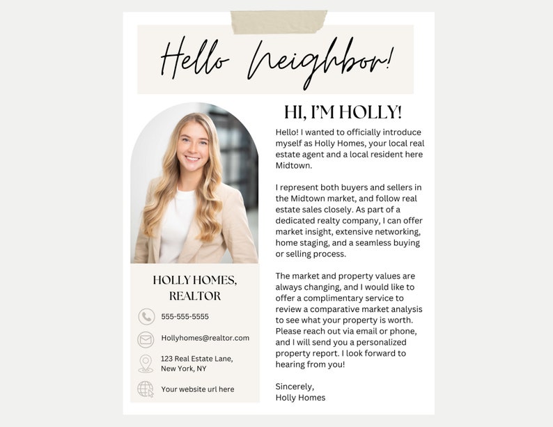 May include: A business card for Holly Homes, a realtor in Midtown. The card features a headshot of Holly, her contact information, and a message introducing her services. The card has a light brown background with a white border.