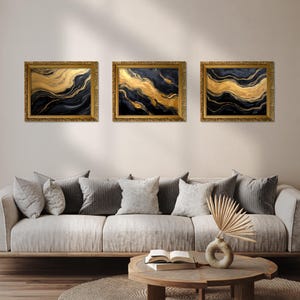 Black and Gold Abstract Art Set | Modern Triptych Digital Print for Living Room Decor