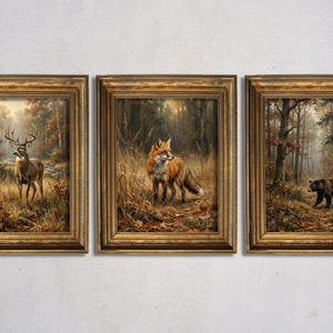 Peut inclure: Un ensemble de trois impressions murales rectangulaires dans des cadres dorés ornés. L'impression de gauche montre un cerf dans une forêt, celle du centre un renard dans les hautes herbes, et celle de droite un ours dans un bois.
