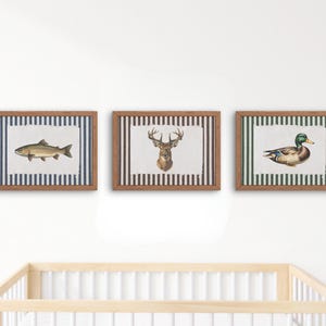 Rustic Hunting and Fishing Animal Wall Art Set of 3 | Trout, Buck, Mallard Duck | Vintage Printable Decor for Boys Room, Cabin, or Nursery