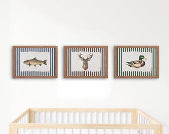 Rustic Hunting and Fishing Animal Wall Art Set of 3 | Trout, Buck, Mallard Duck | Vintage Printable Decor for Boys Room, Cabin, or Nursery