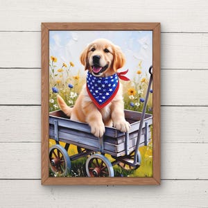 4th of July printable wall art | July 4th printable art | Golden Retriever puppy art | American dog | Digital download | Digital prints