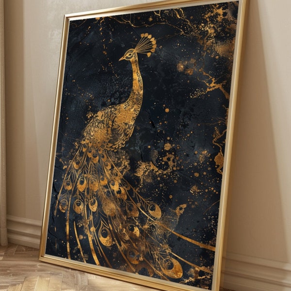 Majestic Gold Peacock - Abstrakte Kunst - Wandkunst-Druck - Gold Painting - Gold Acrylic Painting