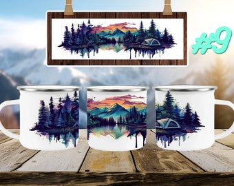 May include: Three white enamel mugs featuring a colourful watercolour design of a mountain landscape with a tent and trees reflected in a lake. The design is in shades of blue, purple, green, orange, and yellow.