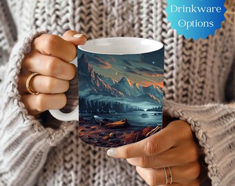 May include: White ceramic mug with a colorful illustration of a mountain range, a lake, and a campsite under a starry night sky.
