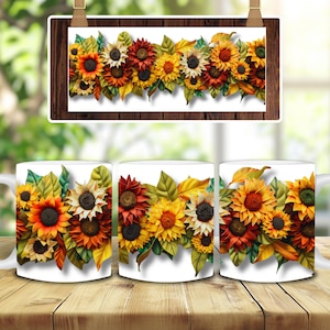 May include: Three white ceramic mugs with a design of a row of sunflowers and leaves. The sunflowers are in shades of yellow, orange, and brown.