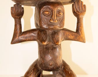 Taburete Cariátide Africano de Madera Tallada a Mano, Taburete Luba Congo, década de 1940