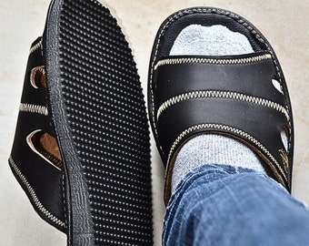 Slippers For Men, Open Toe House Slippers, Genuine Leather Slides, Handmade Summer Sandals
