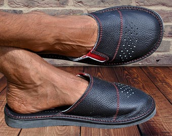 Pantuflas de cuero para hombre, zapatos de casa de cuero de grano completo, zuecos hechos a mano, mocasines sin cordones, suelas para interiores y exteriores, regalo de verano para marido y padre