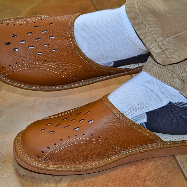 Chaussons pour hommes - Sabots confortables, chaussures d'intérieur à enfiler, mules de luxe cadeau pour lui, chaussons en peau de mouton tout cuir pour homme