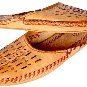 May include: A pair of tan leather slippers with red stitching and a decorative cut-out pattern. The slippers have a pointed toe and a flat sole.