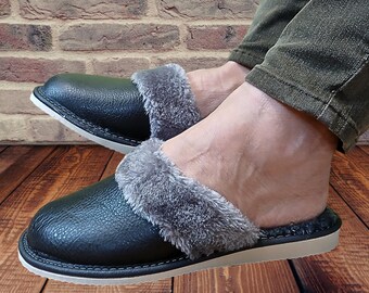 Pantoufles Homme En Cuir Doublé Laine D'agneau - Taille 40-46 - Fait Main - Neuf