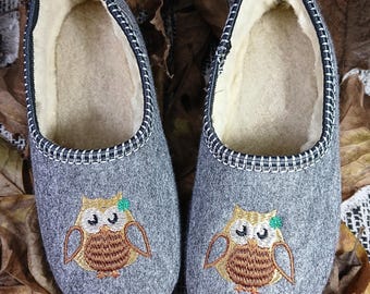 Owl Felt Ballerina Slip On Shoes For Women Natural Sheep wool Home Slippers