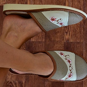 Embroidered Leather Slippers: Handmade Sheepskin Mules