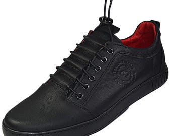 Handmade Leather Mens Sneakers: Black Casual Sport Shoes