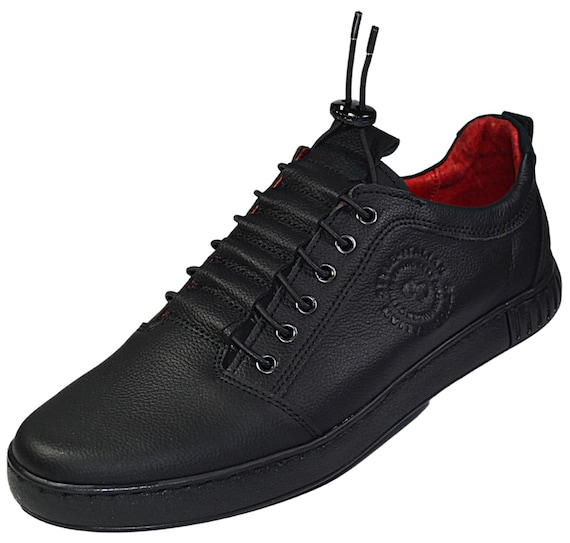 Handmade Leather Mens Sneakers: Black Casual Sport Shoes