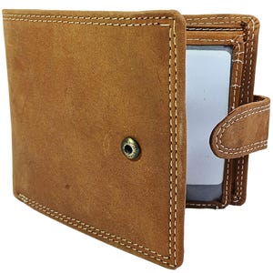 Cartera de cuero plegable RFID personalizada para hombre, monedero de gran capacidad hecho a mano, billetera delgada con ventanas para identificación y tarjetero
