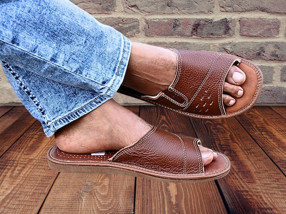 Leather Sandals for Men, Open Toe Leather Slippers, Handmade Sheepskin Slides, Father's Day Gift for Him, Genuine Leather House Shoes