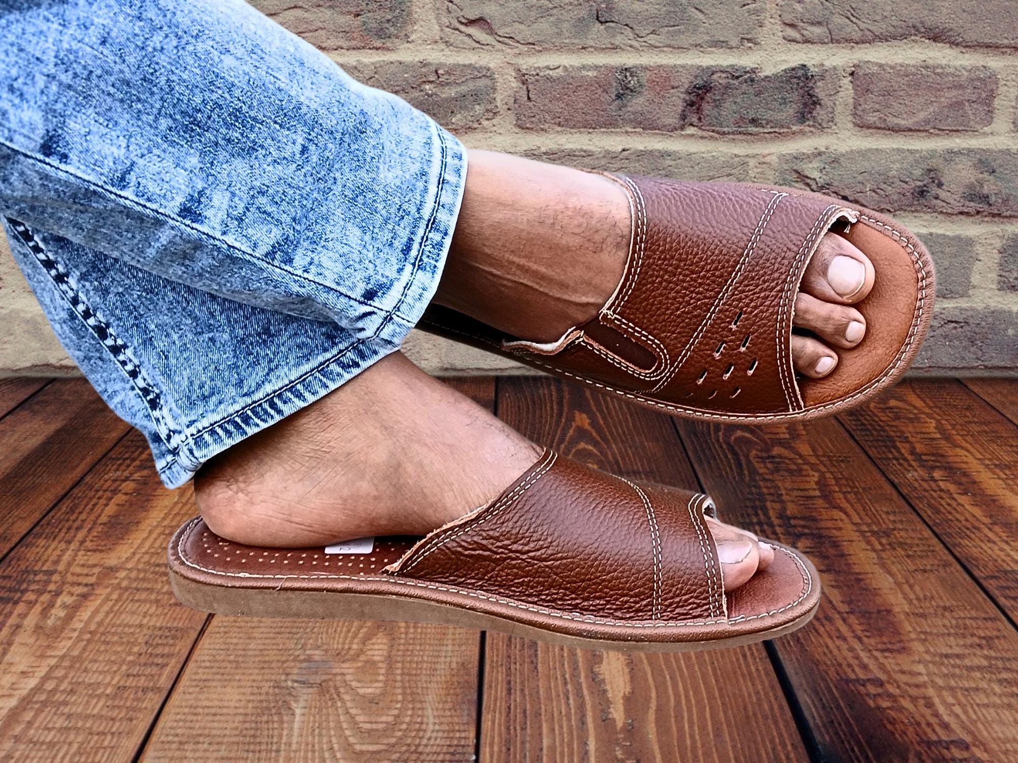 Barefoot Leather Sandals, House Slippers For Men, Open Toe Handmade Slides.