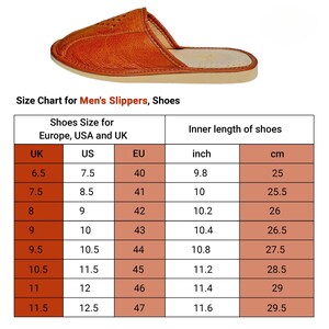 May include: Size chart for men's slippers and shoes, showing UK, US, and EU sizes, along with the corresponding inner length of the shoes in inches and centimeters.