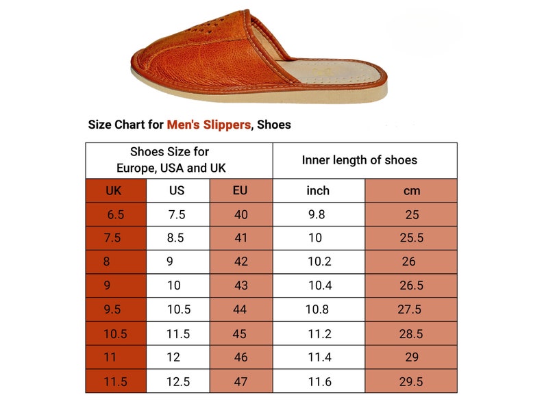 May include: Size chart for men's slippers and shoes, showing UK, US, and EU sizes, along with the corresponding inner length of the shoes in inches and centimeters.