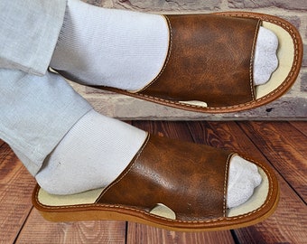 Minimalist House Slippers for Men Leather Slides Men s Travel Slippers Open Toe Soft Flip Flop for Him Summer Sandals for Sweaty Feet Etsy