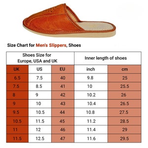 May include: Size chart for men's slippers and shoes, showing UK, US, and EU sizes, along with the corresponding inner length of the shoes in inches and centimeters.