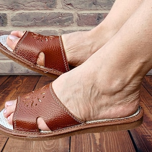 Natural Leather Sandals, Summer Slippers For Women, Handmade House Slides, Flat Flip-flops, Home Shoes