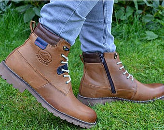 Botas de piel para hombre, hechas a mano, con cremallera lateral en el tobillo, auténticas botas de invierno de piel.