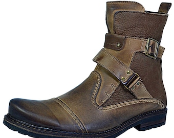 Handmade Leather Biker Boots: Cap Toe Ankle Combat Boots, Western Style