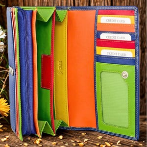 Portafoglio lungo da donna in pelle con cerniera, tasca portamonete con protezione RFID e porta carte