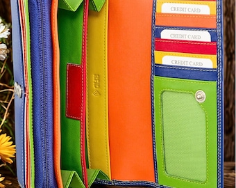 Portafoglio lungo da donna in pelle con cerniera, tasca portamonete con protezione RFID e porta carte