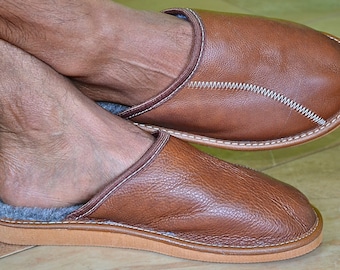 Sheepskin House Slippers For Men: Handmade Indoor Mules, Wide Toe Box Warm Slip On.