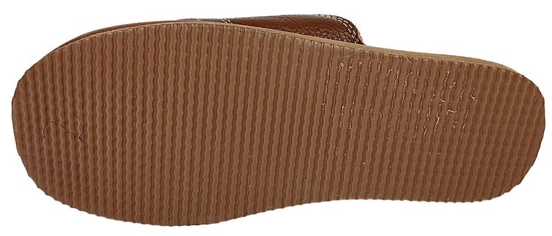Lightweight leather indoor sandals featuring EVA foam rubber soles with grip pattern.