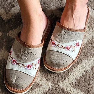 Embroidered Sheepskin Slippers: Handmade Floral Mules, Wide Toe