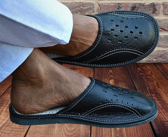 Father's Day Gift for Him, Black Leather House Slippers Men, Handmade Soft Mules, Leather Clogs, Summer Indoor Shoes