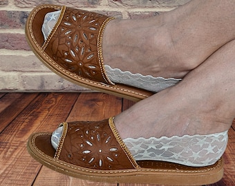 Pantofole da camera da donna Pantofole da casa in morbida pelle Pantofole aperte da casa Pantofole estive Tacco piatto Sandali con diapositive firmate per calzature da donna