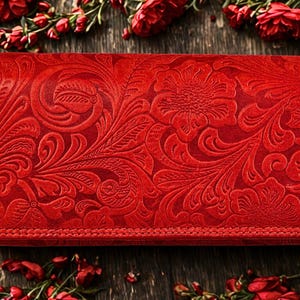 Könnte beinhalten: Eine rote Ledergeldbörse mit geprägtem floralem Design. Die Geldbörse hat eine rechteckige Form und ein detailliertes Muster aus Blumen und Blättern. Die Kanten sind genäht und das Gesamtdesign ist klassisch und elegant.