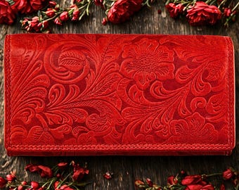 Floral Leather Wallet, RFID Phone Clutch for Women, Handmade Buffalo Leather Purse, Unique Birthday Gift for Her, Tooled Leather