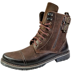 Overhead view of men’s handmade leather chukka boots with a rounded toe and cushioned interior, showcasing soft leather finish.