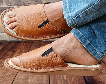 Barefoot Sandals For Men, Handmade Sheepskin Slippers, House Slides.