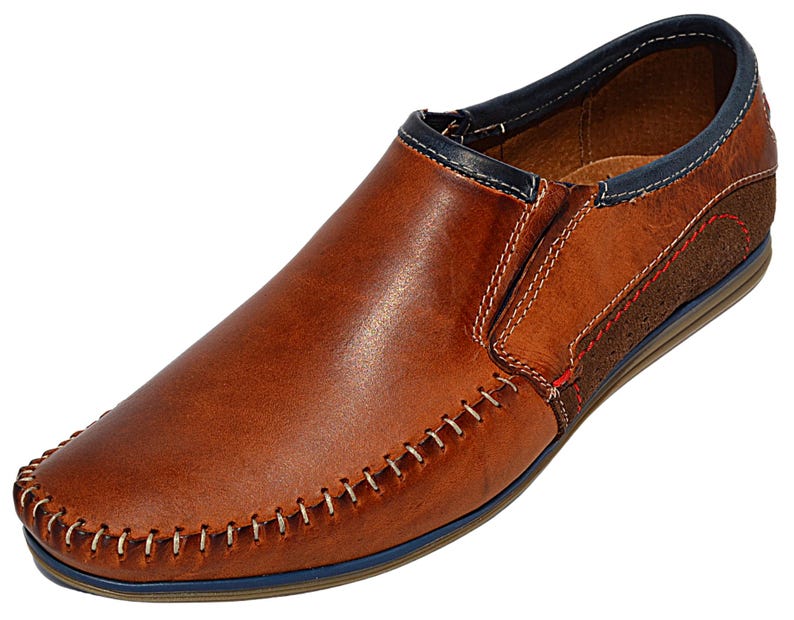 Close-up of premium genuine leather loafers, showcasing hand-stitched moccasin detailing.
