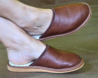 Handmade Wool Slippers: Sheepskin Leather Mules, Indoor Clogs, Slip on Shoes For Women