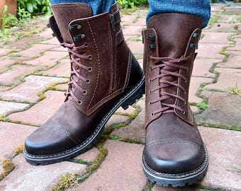 Handmade Leather Boots, Buffalo Vintage Combat Travel Shoes.